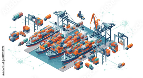 Isometric illustration of container ships being loaded and unloaded at a busy port with cranes and trucks.