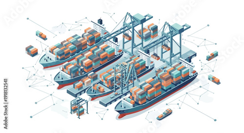 Isometric illustration of a bustling global shipping port with container ships, cranes, and interconnected logistics network, symbolizing modern supply chain management.