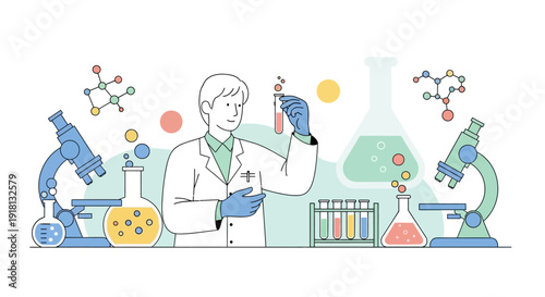 A scientist in a lab coat examines a test tube filled with a pink liquid, surrounded by scientific equipment like microscopes and beakers.