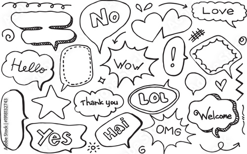 Collection of hand drawn speech bubbles and emotion icons