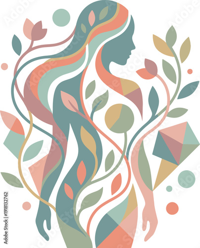 Full-body silhouette of a serene female figure intertwined with blooming flowers and crystalline facets, representing natural beauty, vitality, and inner transformation.