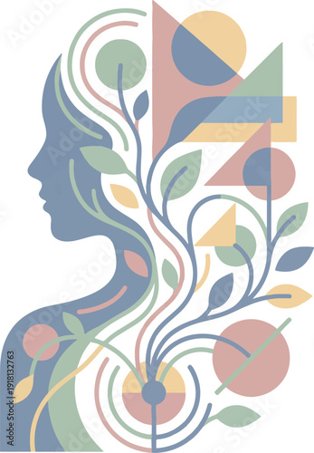 Profile silhouette of a woman whose flowing hair transforms into intricate botanical elements and abstract geometric shapes, symbolizing personal development and growth.