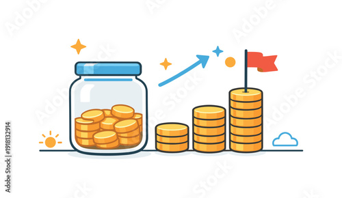 Personal long-term savings mindset and financial security planning focused on gradual progress toward stability, a simple jar with growing coin stacks