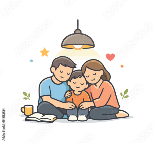 Quiet family evening at home centered on rest and emotional closeness after daily activities, two adults and a child sitting close together under a