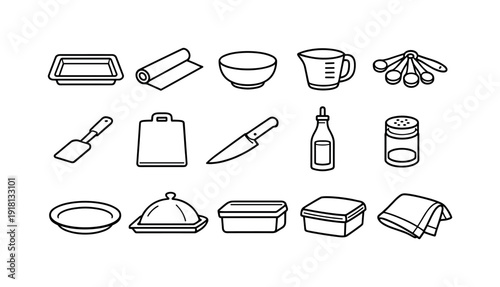 Home roasted cauliflower cooking tools: baking tray, parchment paper, mixing bowl, measuring cup, measuring spoon, spatula, cutting board, chef knife