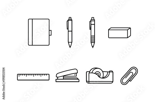 Office desk stationery set: notebook, ballpoint pen, mechanical pencil, eraser, ruler, stapler, tape dispenser, paper clip