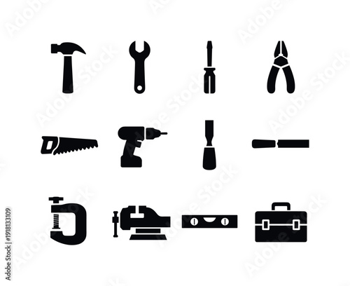 Hardware tools: hammer, wrench, screwdriver, pliers, saw, drill, chisel, file, clamp, vise, level, toolbox