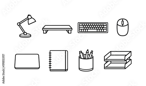 Office startup workstation kit: desk lamp, monitor stand, keyboard, mouse, mouse pad, notebook, pen holder, document tray