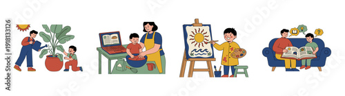Flat Vector Family Learning and Creative Hobby Element Kit for Early Childhood Development