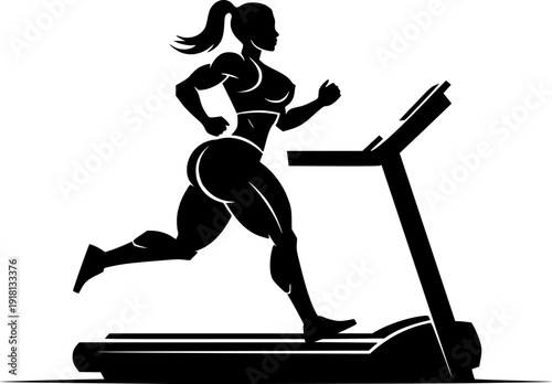 Black silhouette of a woman running on a treadmill, minimalist female fitness and cardio exercise vector illustration