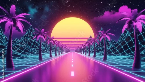 Retro Futuristic Road with Neon Lights.