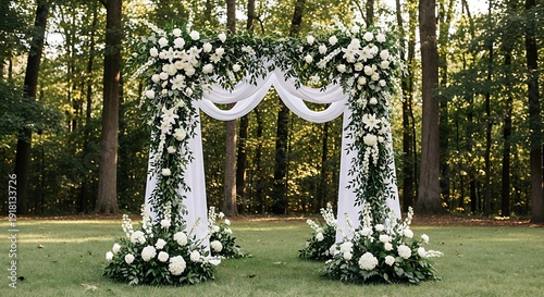 Beautiful white wedding arch with flowers and greenery in forest