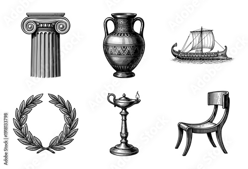 Set of black and white ancient Greek and Roman culture illustrations in woodcut engraving style including ionic column amphora trireme ship laurel wreath oil lamp and klismos chair.