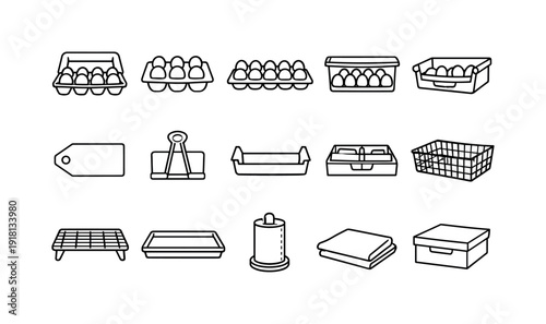 Home kitchen egg storage items: egg carton, egg holder, egg tray, storage container, refrigerator bin, label tag, clip seal, shelf bin, drawer