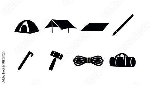 Outdoor camping shelter gear: tent, tarp, groundsheet, tent pole, stake, mallet, guy rope, carry bag