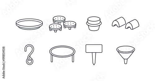 Garden plant pot accessories: pot saucer, pot riser, drainage plug, pot feet, hanging hook, support ring, label stake, watering funnel