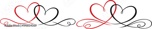 Red and black two sets of hand drawn hearts intertwined with elegant swirls in a decorative banner style.