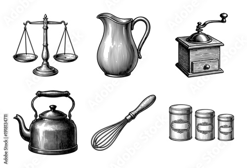 Vintage kitchenware collection featuring hand drawn engraving style illustrations of antique cooking tools and domestic utensils