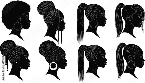 Black vector silhouette set of African American women profiles with various hairstyles including afro braids top knots and ponytails for beauty salon branding
