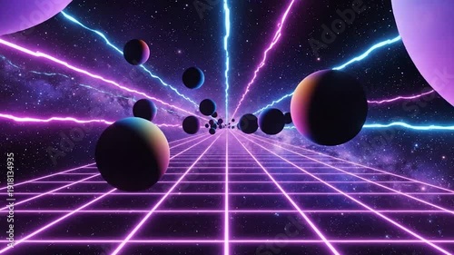 Vaporwave Aesthetic Neon Grid Space Scene.