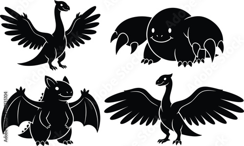 Black vector silhouette set of diverse mythical dragons and monsters featuring winged creatures with scales and claws for fantasy gaming and storytelling branding