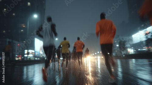 Kenyan elite runners dash through city streets under rainy skies at night