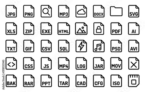 Digital file format icon collection. Heavyweight vector pictograms of document, image, video, audio, archive, and code extensions in a thick outline style.