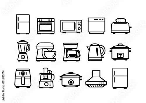 Home kitchen appliances: refrigerator, oven, microwave, dishwasher, toaster, blender, mixer, coffee maker, electric kettle, rice cooker, air fryer