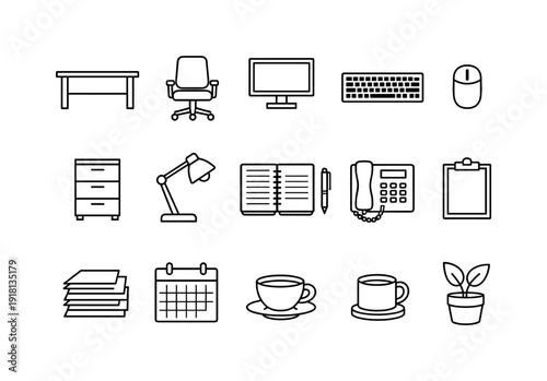 Corporate Solutions workspace in linear style: desk, office chair, monitor, keyboard, mouse, filing cabinet, lamp, notebook, pen, phone, clipboard