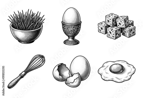 Vintage engraving style collection of breakfast items featuring eggs in various forms, a whisk, herbs, and croutons.