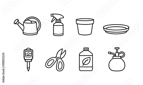 Indoor plant care tools: watering can, spray bottle, plant pot, plant saucer, moisture meter, pruning scissors, fertilizer bottle, plant mister