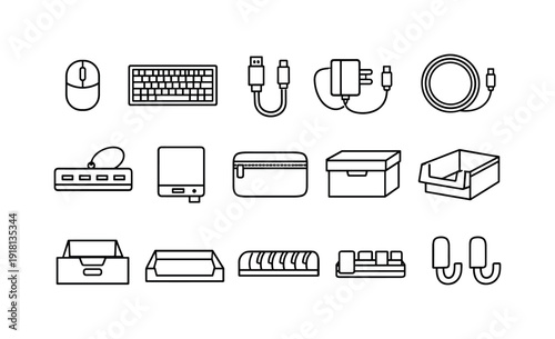 Office desk IT spare parts kit: spare mouse, spare keyboard, spare cable, power adapter, charging cable, USB hub, external drive, storage pouch