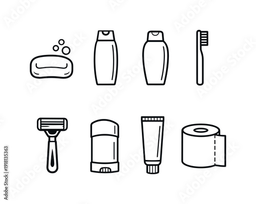 Home bathroom daily care items: soap bar, shampoo bottle, conditioner bottle, toothbrush, toothpaste tube, shaving razor, deodorant stick, toilet