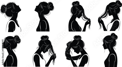 Black vector silhouette set of female head profiles with elegant messy buns and various hair touching poses for beauty salon and fashion branding