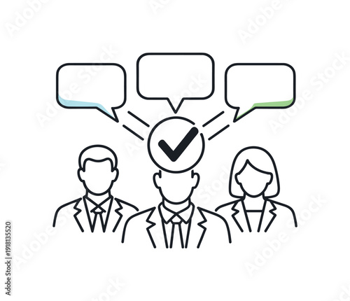 Clear communication flow and alignment in a collaborative business environment highlighting shared understanding, simple speech bubbles converging