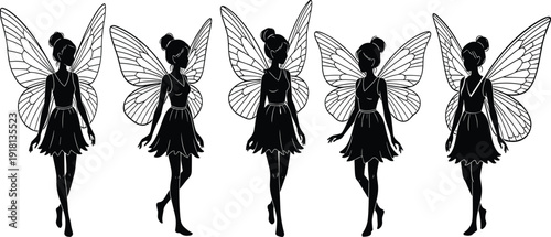 Black vector silhouette set of five magical garden fairies with large butterfly wings and elegant dresses for fantasy storytelling and mystical character branding