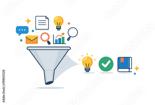Strategic cognitive filtering and intentional information intake in knowledge-heavy work, a minimal funnel guiding only a few clean icons forward from
