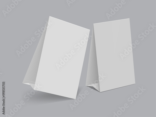 Table tent template. White blank paper countertop pop banner stand. Realistic mockup. Desktop promotional graphic display card vector mock-up Stand Up Clear Card Mockup On Table.