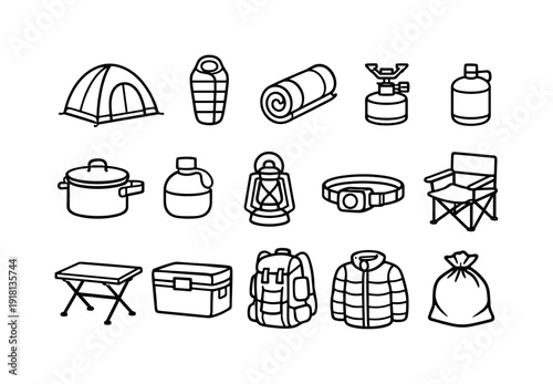 Outdoor autumn camping gear: dome tent, sleeping bag, sleeping pad, camp stove, fuel canister, cooking pot, water canteen, lantern, headlamp, folding