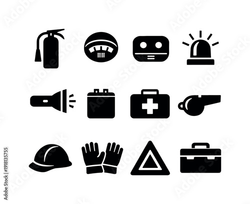 Home emergency safety kit: fire extinguisher, smoke detector, carbon monoxide detector, emergency light, flashlight, battery pack, first aid kit