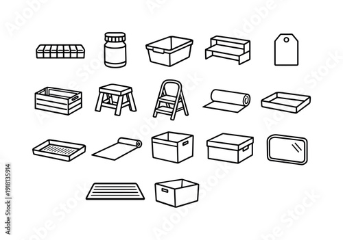Home medicine cabinet organization items: pill organizer, medicine bottle, storage bin, shelf organizer, label tag, storage crate, folding stool, step