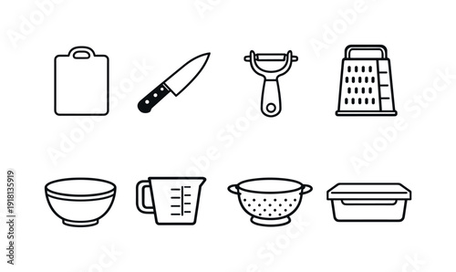 Home kitchen food prep tools: chopping board, chef knife, vegetable peeler, box grater, mixing bowl, measuring cup, colander, food container