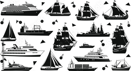Large collection of nautical ship silhouettes including cruise liners sailing boats yachts cargo vessels and vintage pirate galleons for maritime graphic design.