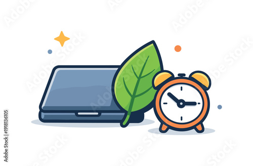 Healthy work-life balance and intentional downtime in modern lifestyles centered on sustainable routines, a closed laptop beside a leaf and a small
