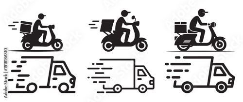 Delivery courier on motorbike silhouette icons with storage box. vector illustration eps 10