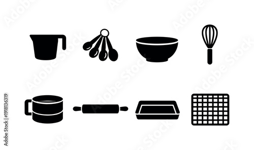 Home pantry baking tools: measuring cup, measuring spoon, mixing bowl, whisk, sifter, rolling pin, baking tray, cooling rack
