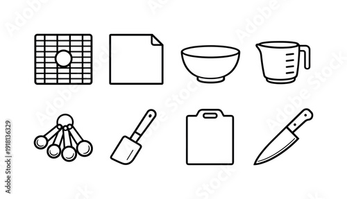 Home dehydrator snack preparation tools: dehydrator tray, parchment sheet, mixing bowl, measuring cup, measuring spoon, spatula, cutting board, chef