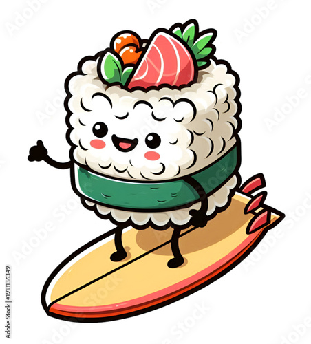 Cute Sushi Roll Character Surfing