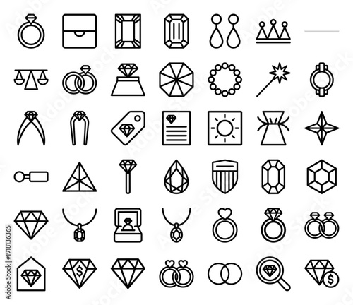 Jewelry and gemstone icon collection. Heavyweight vector pictograms of diamond rings, necklaces, earrings, luxury crowns and precious stones, thick outline style.