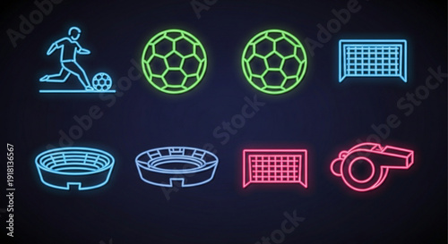 Neon soccer icons set including player balls goals stadium and referee whistle on dark background